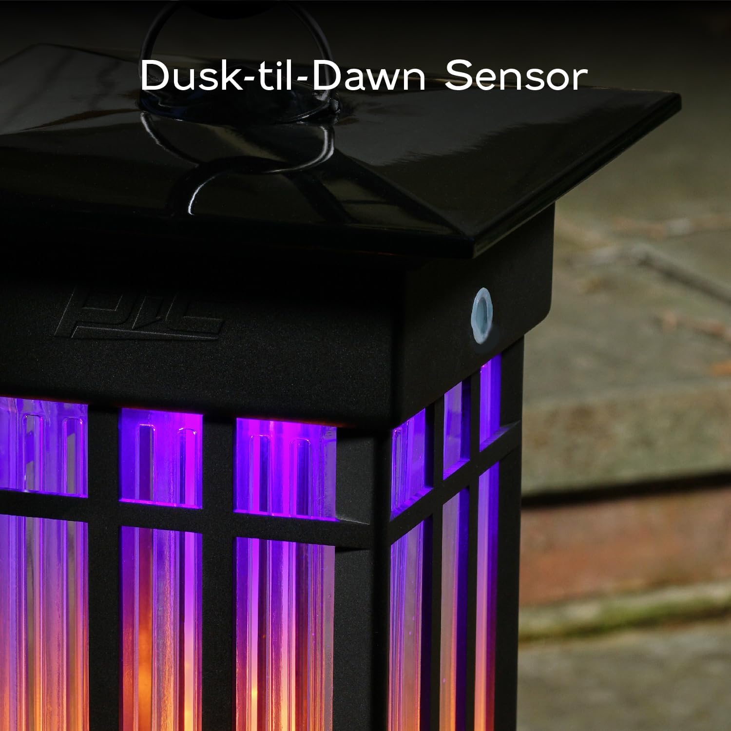 Close-up of the bug zapper lantern showing the dusk-til-dawn sensor on top.