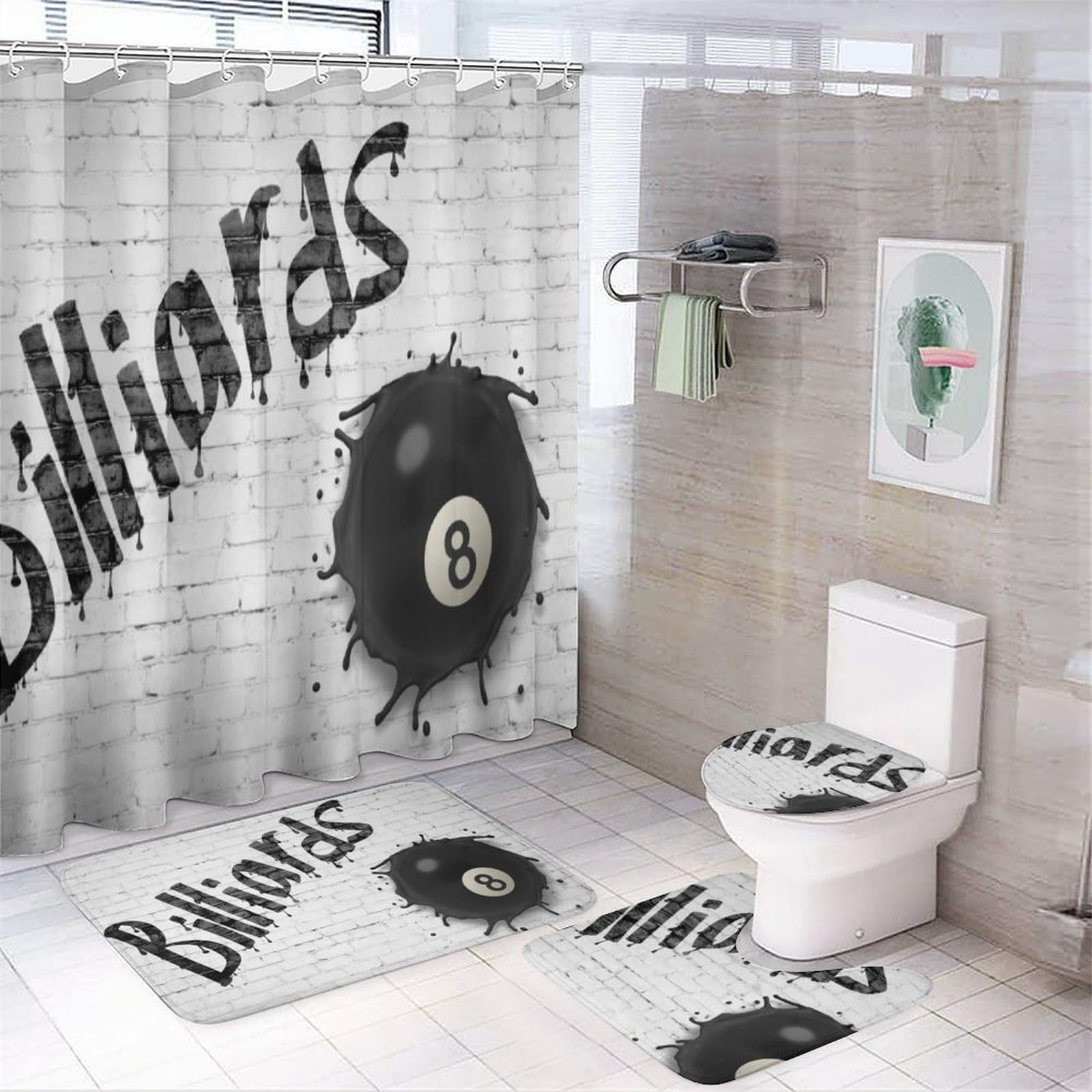 Retro Sports Theme Billiards 4 Piece Shower Curtain Sets,White Brick Wall Pool Game Snooker Billiards Eight Ball Non-Slip Rugs,Toilet Lid Cover and