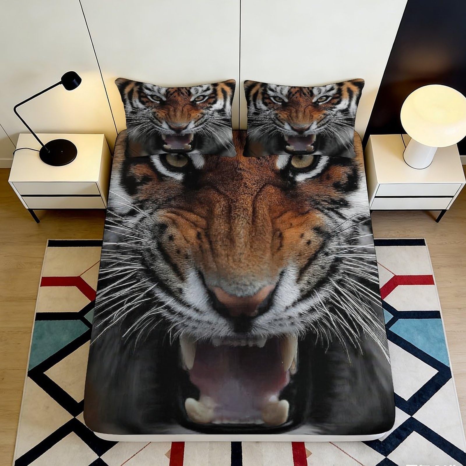 3D Printed Fierce Tiger Fitted Sheet Microfiber Soft Breathable Wild Animal Bed Cover for Bedroom Dorm Mattress Protection Decor 140x200x25cm