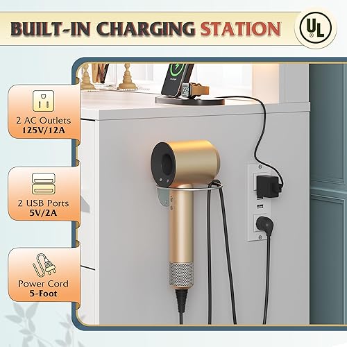 Miniatura 5 de WLIVE Escritorio de tocador con estación de carga, mesa de maquillaje con espejo iluminado y brillo ajustable, tocador blanco con 7 cajones,