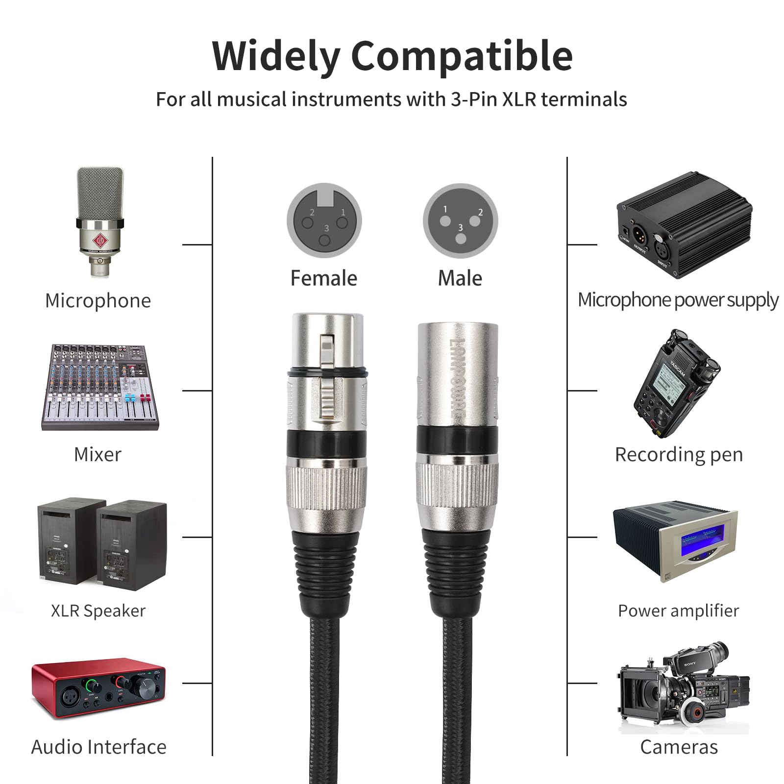 XLR Cable de micrófono trenzado de nailon Premium simétrico XLR, 3 pines DMX Microphone Connection Cable macho a hembra DMX Cable de micrófono con preamplificadores/sistemas de altavoces (1 m, 6