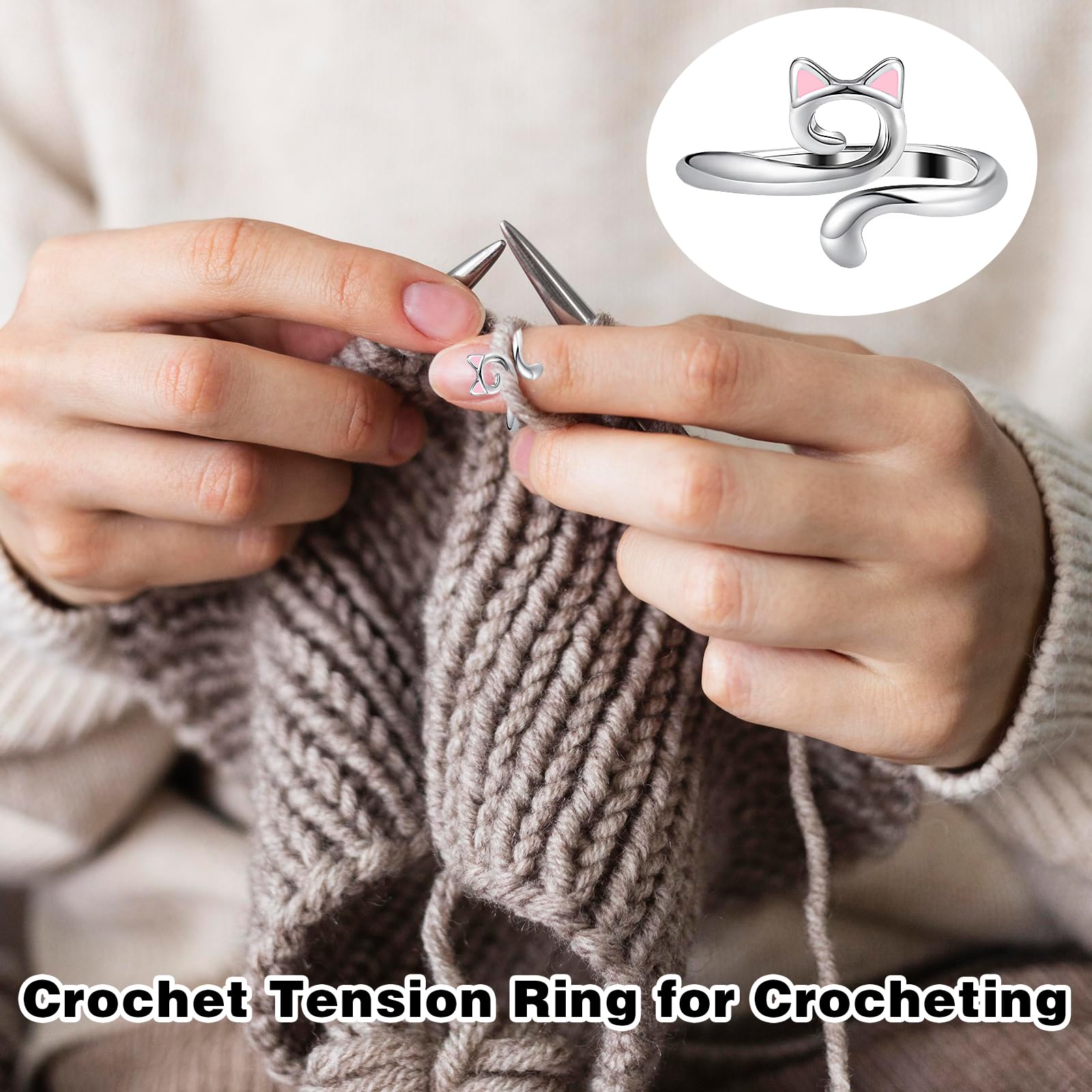 Juszok Lot De 3 Anneaux De Crochet Pour Crochet, Anneau De Tension Réglable Pour Doigt De Chat, Accessoires De Tricot Avec Boîte Pour Femme, Métal