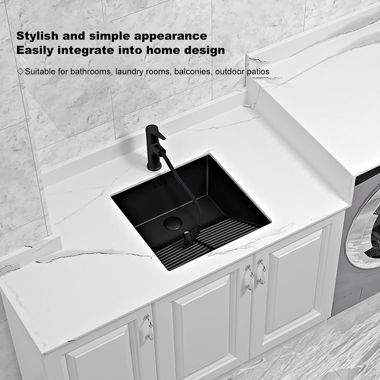 Fregadero de baño de cerámica negra con lavabo, diseño cuadrado, completo con grifo negro y juego de drenaje, perfecto para balcones y lavanderías