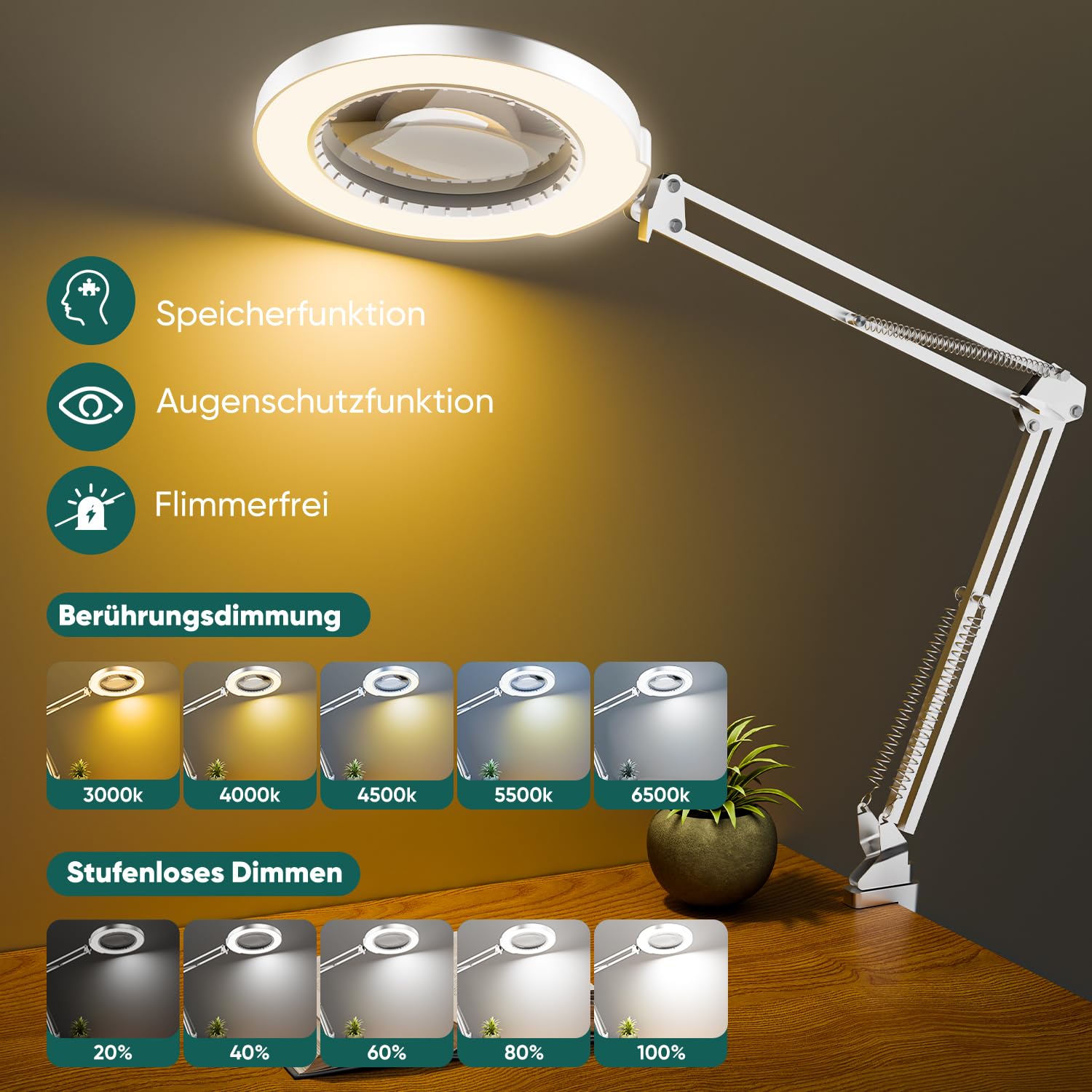TYEE 10X lampa z lupą, lupa z oświetleniem i zaciskiem, podświetlana lupa z prawdziwego szkła z 5 trybami kolorów i płynną regulacją jasności, sterowanie dotykowe, lampa biurkowa do hobby