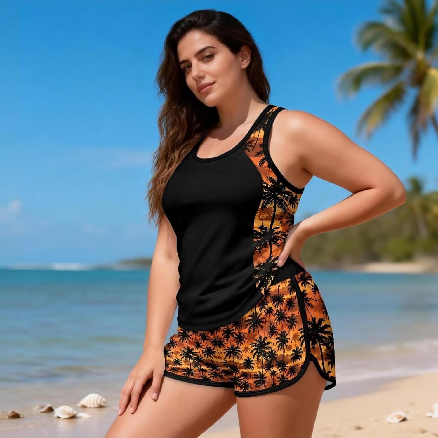 Women's Two Piece Swimwear Set Tankini Top with Pockets Swim Shorts Quick Dry Bathing Suits Size S-6XL