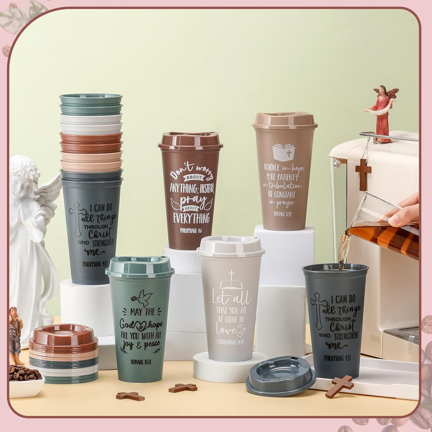 Pickmesh 15 Pcs Christian Gift for Employee Christian Tumblers for Women Religious Employee Appreciation Gift Bible Verse 16 oz Plastic Tumbler with Lids for Church Teacher Staff (Morandi Color 1) - Image 3