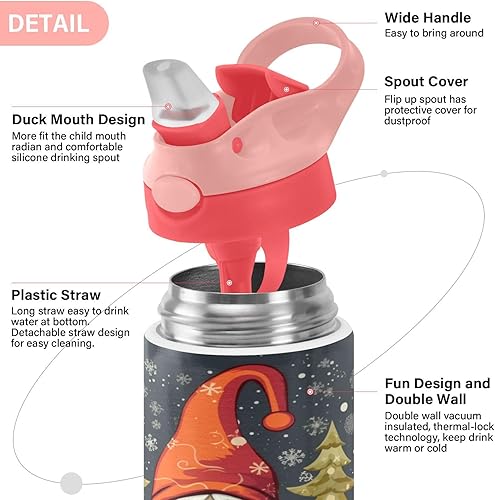 Miniatura 4 de Botella de agua de gnomo de Navidad para niños, botellas térmicas de metal reutilizables con aislamiento de acero inoxidable, tapa de popote a