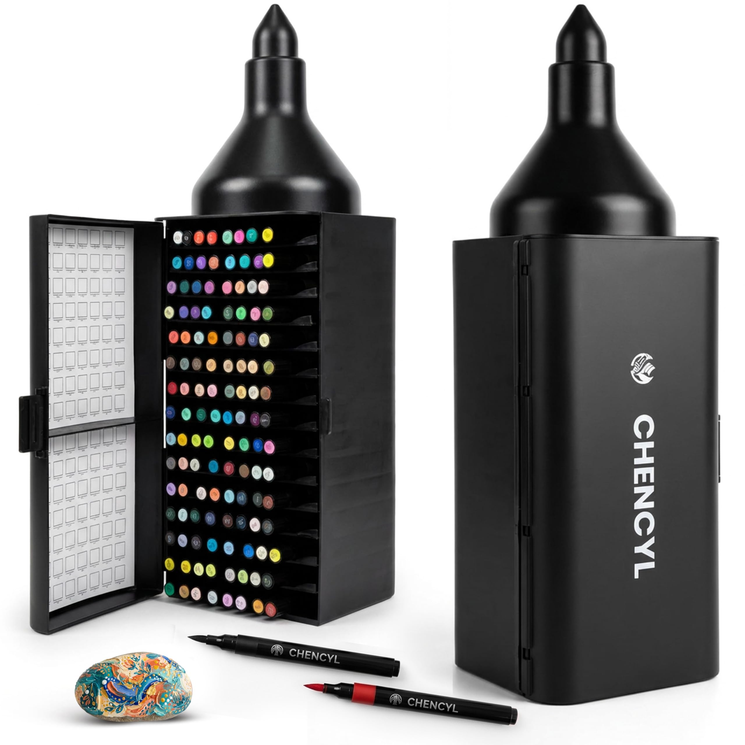 CHENCYL -120 acrylic paint pens, paint brush set - Fine-tipped marker (4MM) with storage box for Paper, Canvas, Wood, Stone & Ceramics. Colouring pens for adults & Children - Mystery Colouring
