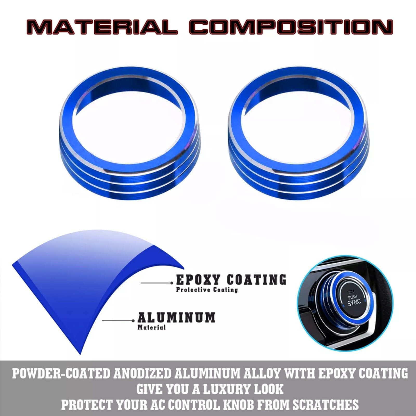 1 Paire de bagues de contrôle en Aluminium pour Bouton AC pour Honda Civic 10e génération 2016-2021 - Accessoires décoratifs pour intérieur de Voiture - Bleu