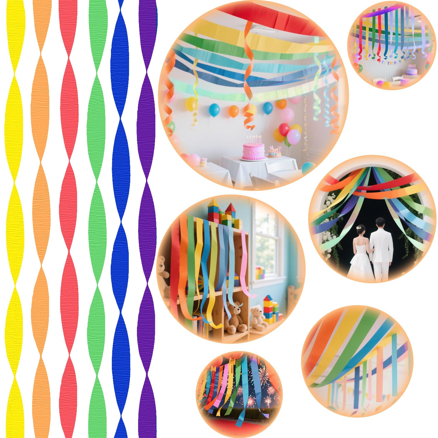 6 Crepe Paper Streamers Rolls, 492ft 6 Colors Rainbow Streamers for Birthday Wedding Bachelorette Party Decorations, DIY Crafts Supplies (1.8 inch x 82 ft/Roll)