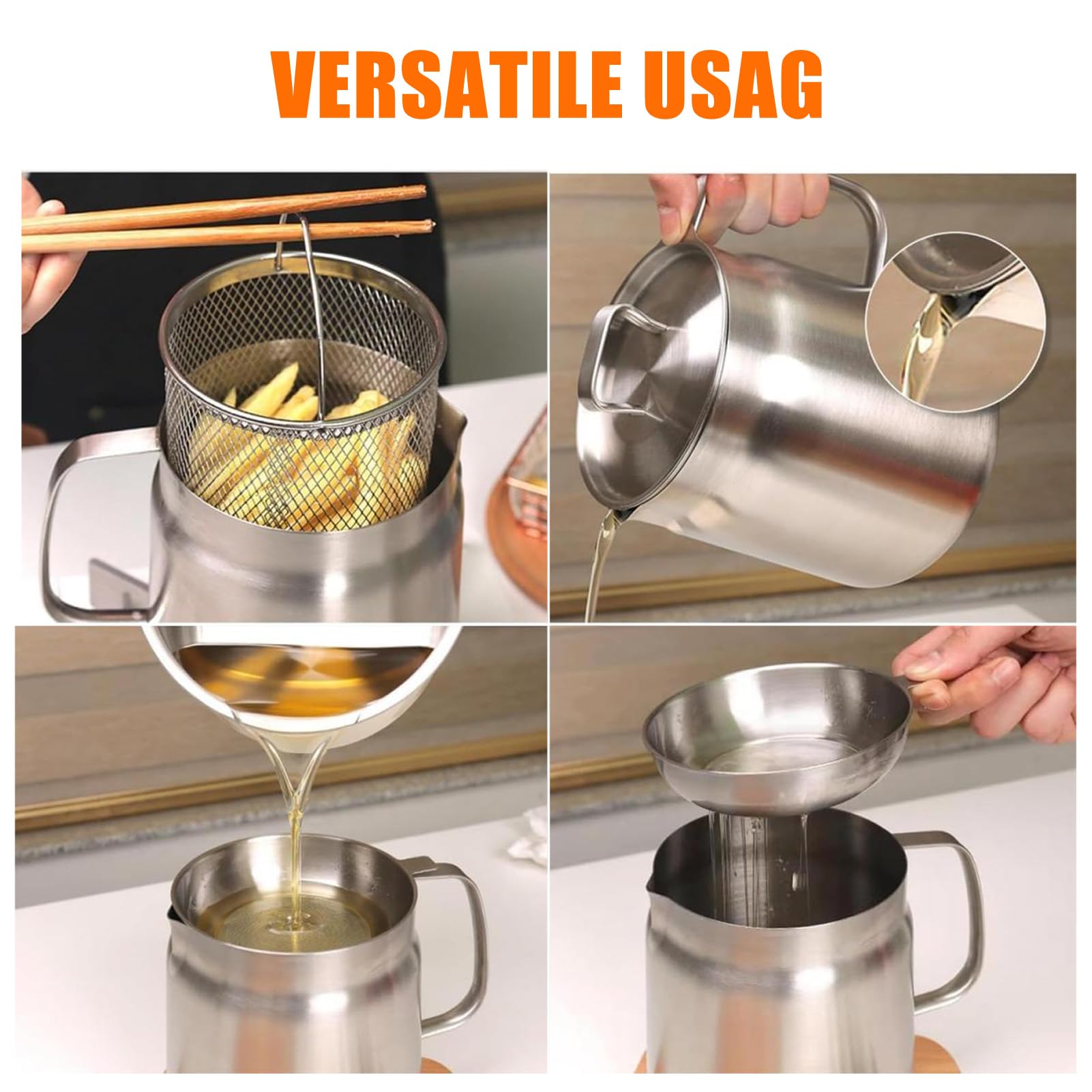 Récipient à Huile de Cuisson avec Passoire – Pot de Filtre à Huile en Acier Inoxydable 304 avec Couvercle, Friteuse à Huile, Poignée Facile à Prendre en Main (2L)