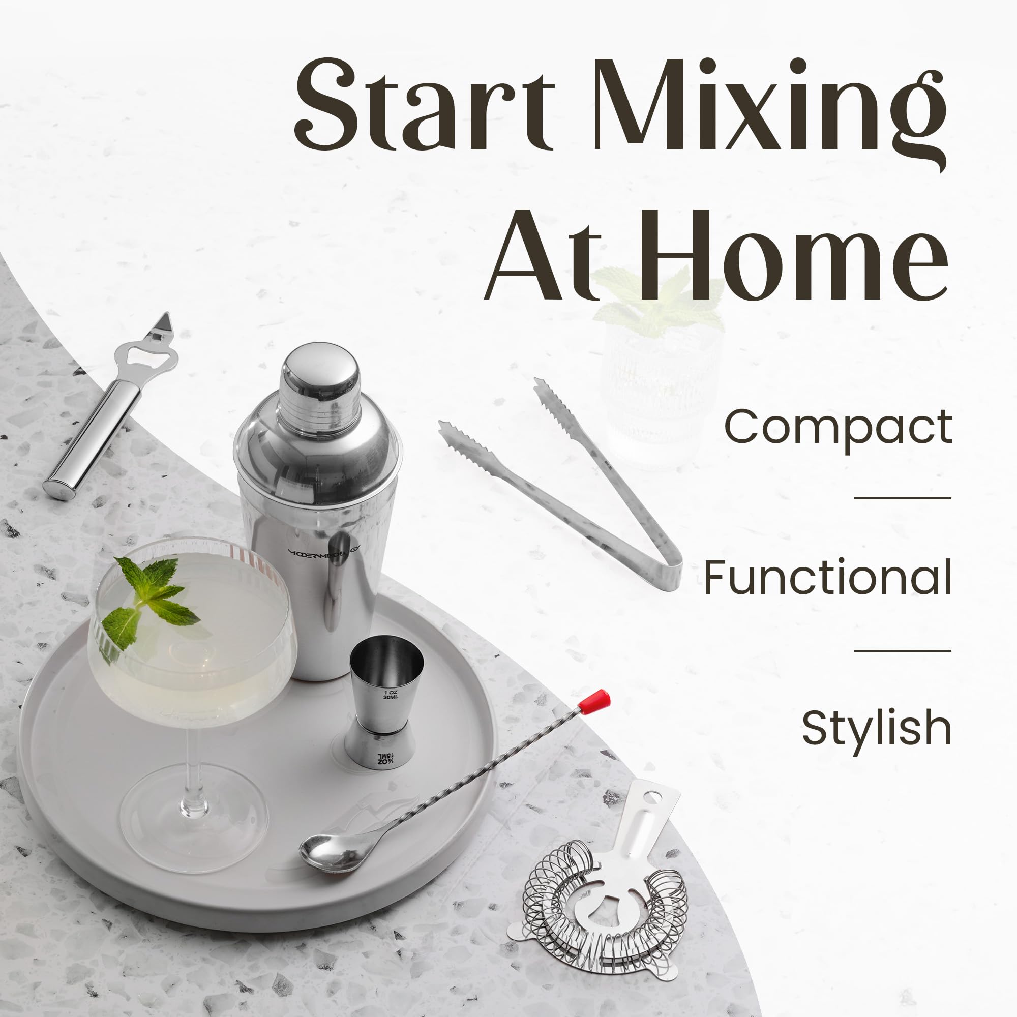 Mixology & Craft Cocktail Set - 8-teiliges Cocktail Shaker Set mit Shaker aus Edelstahl und Bar Zubehör im schwarzen Holzständer - Dekoratives Geschenkset inkl. Cocktail Rezepte - Silber