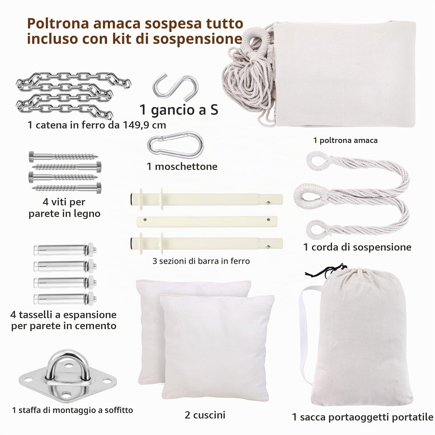 Ohuhu Sedie Sospese Sedia Amaca da Giardino con 2 Cuscini e Robuste Ganci kit, Sedia ad Altalena Sedia a Dondolo Sospesa Costruzione Robusta e Resistente per Balcone, Giardino, Portante 150kg (Beige)