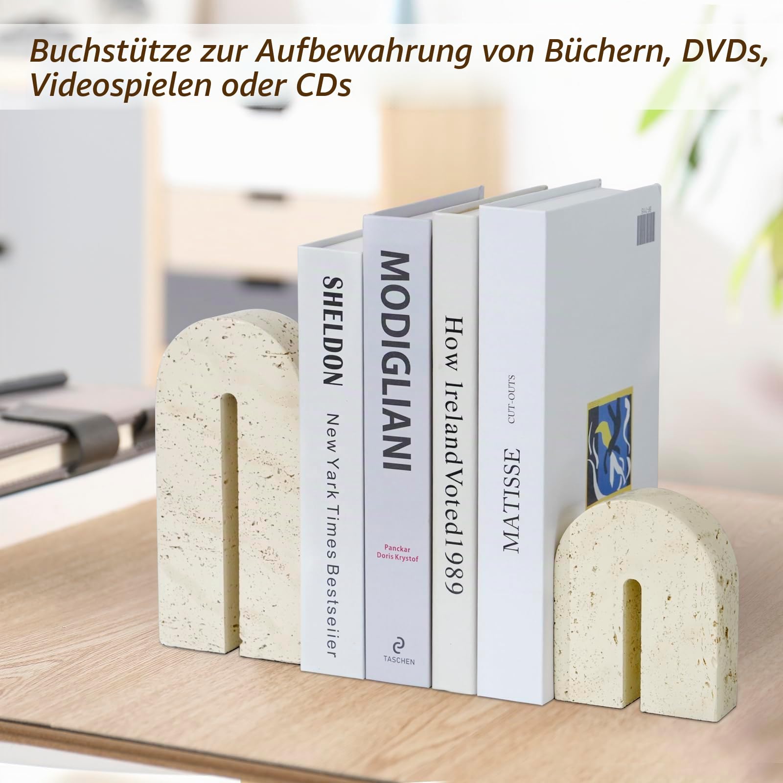 BOHDK Buchstützen für Regale, Harz-Dekorative Buchstützen, Retro-Bogen-Bücherhalter für schwere Bücher, Imitat-Travertin-Buchstopper für Wohndekor, Studium, Bücherregal, Desktop, 2er-Set