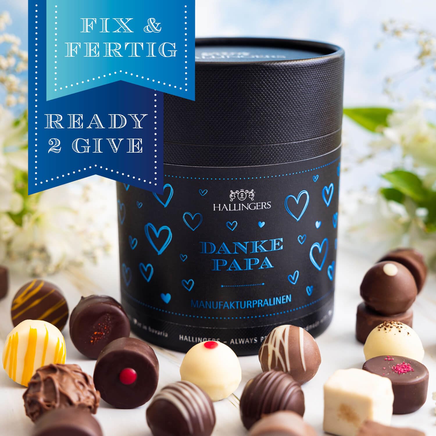 Hallingers Genuss Manufaktur Pralinen Vatertagsgeschenk - ohne Alkohol, handmade aus Confiserie-Edelkakao in wertiger XXL-Geschenkdose "Danke Papa", Geschenkidee für Papa Opa