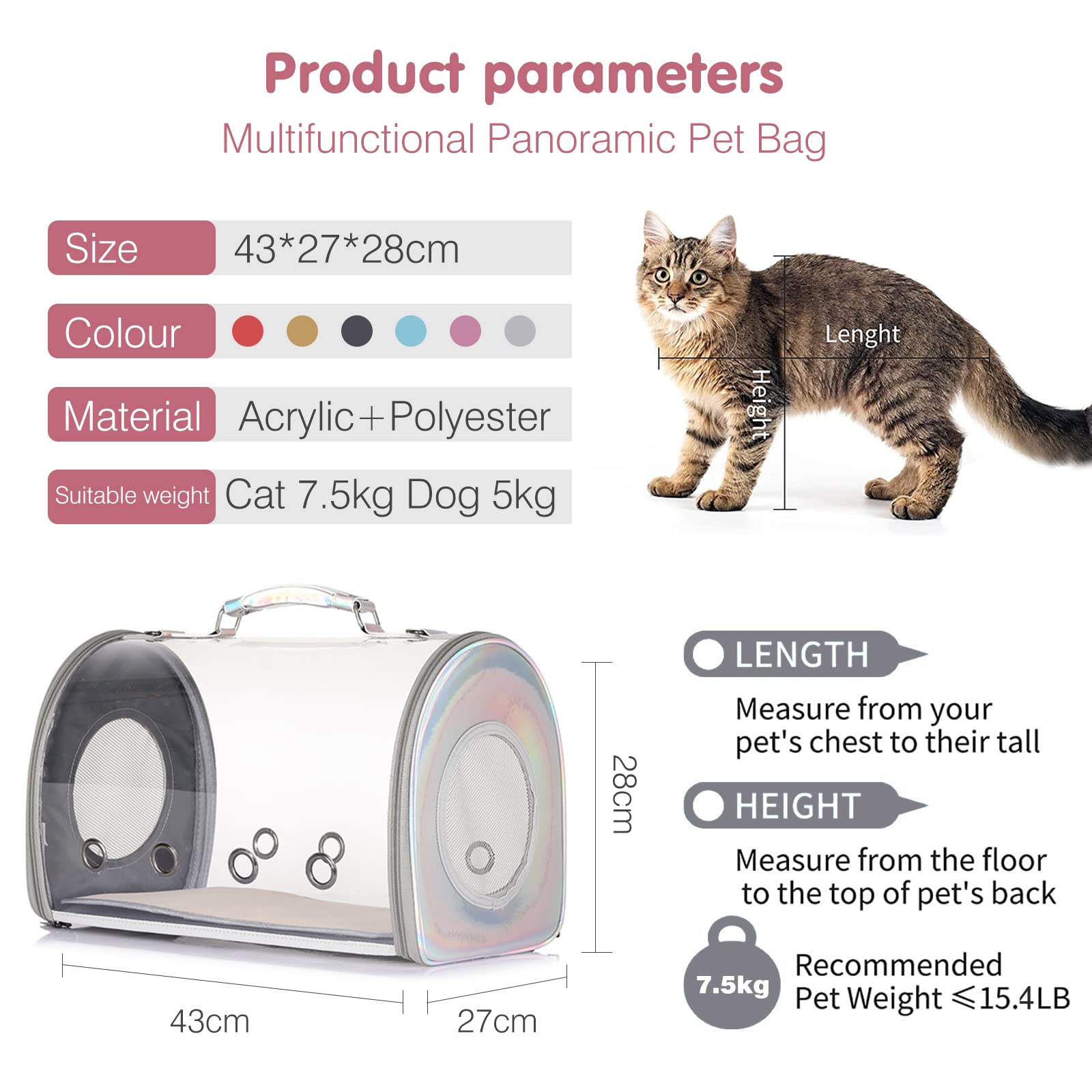 PETCUTE Sac Transport Chat Chien,Caisse de Transport Chat Portable avec Bandoulière Réglable,Transparent Sac de Transport d'animaux pour Chien Chat avec Maille Respirante pour Voyage en Avion/Train