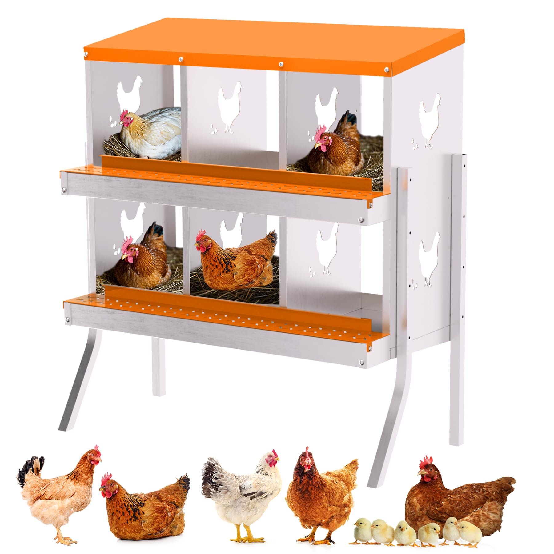 Garvee Nido per Galline Ovaiole a 6 Scomparti, Cassetta Nido in Acciaio Zincato con Supporto e Vassoio Estraibile, Design Roll-away per Raccolta Uova Sicura, Antiruggine e Durevole, Arancione