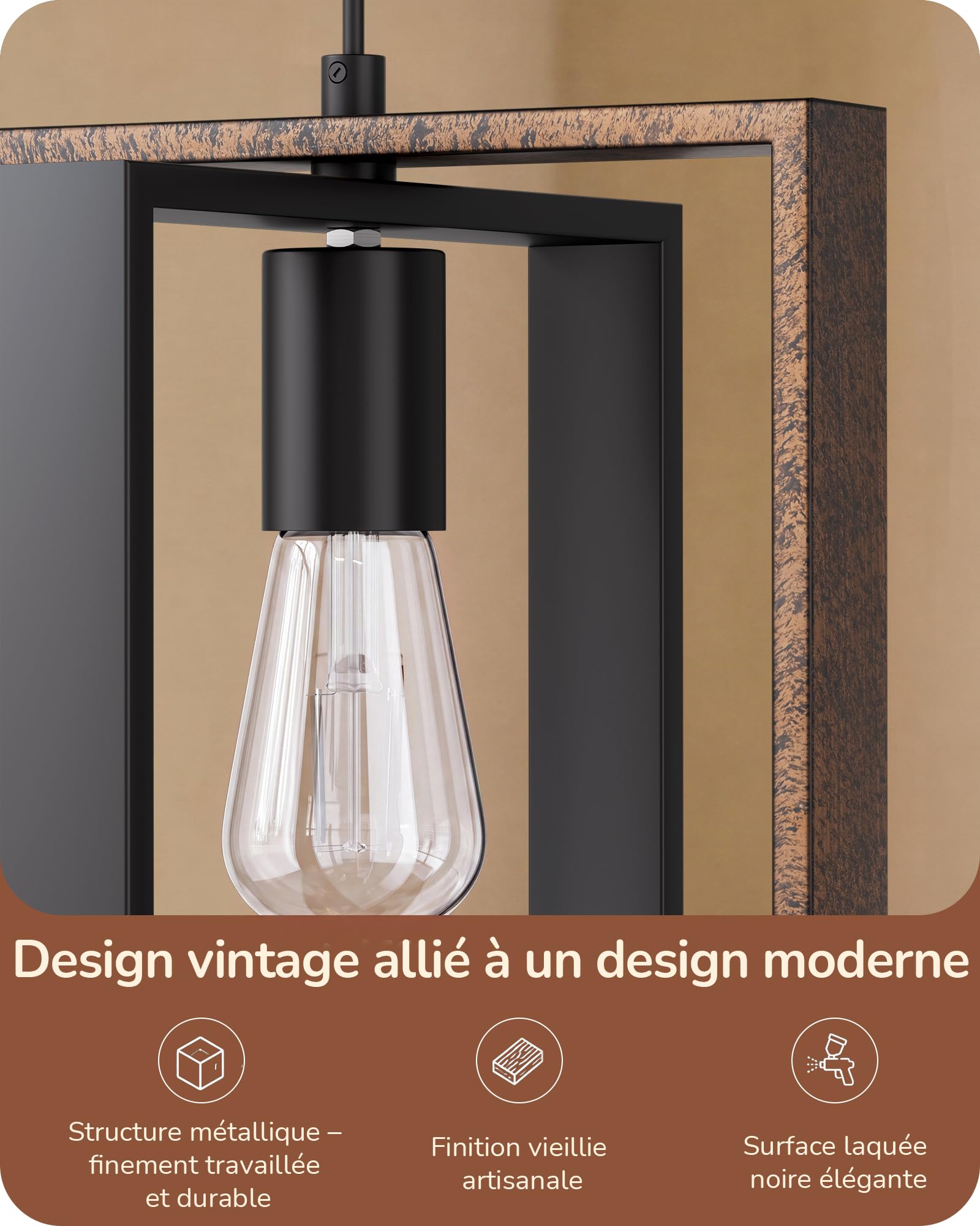 EDISHINE Suspension Luminaire, Design Cadre Carré, Style Maison de Campagne