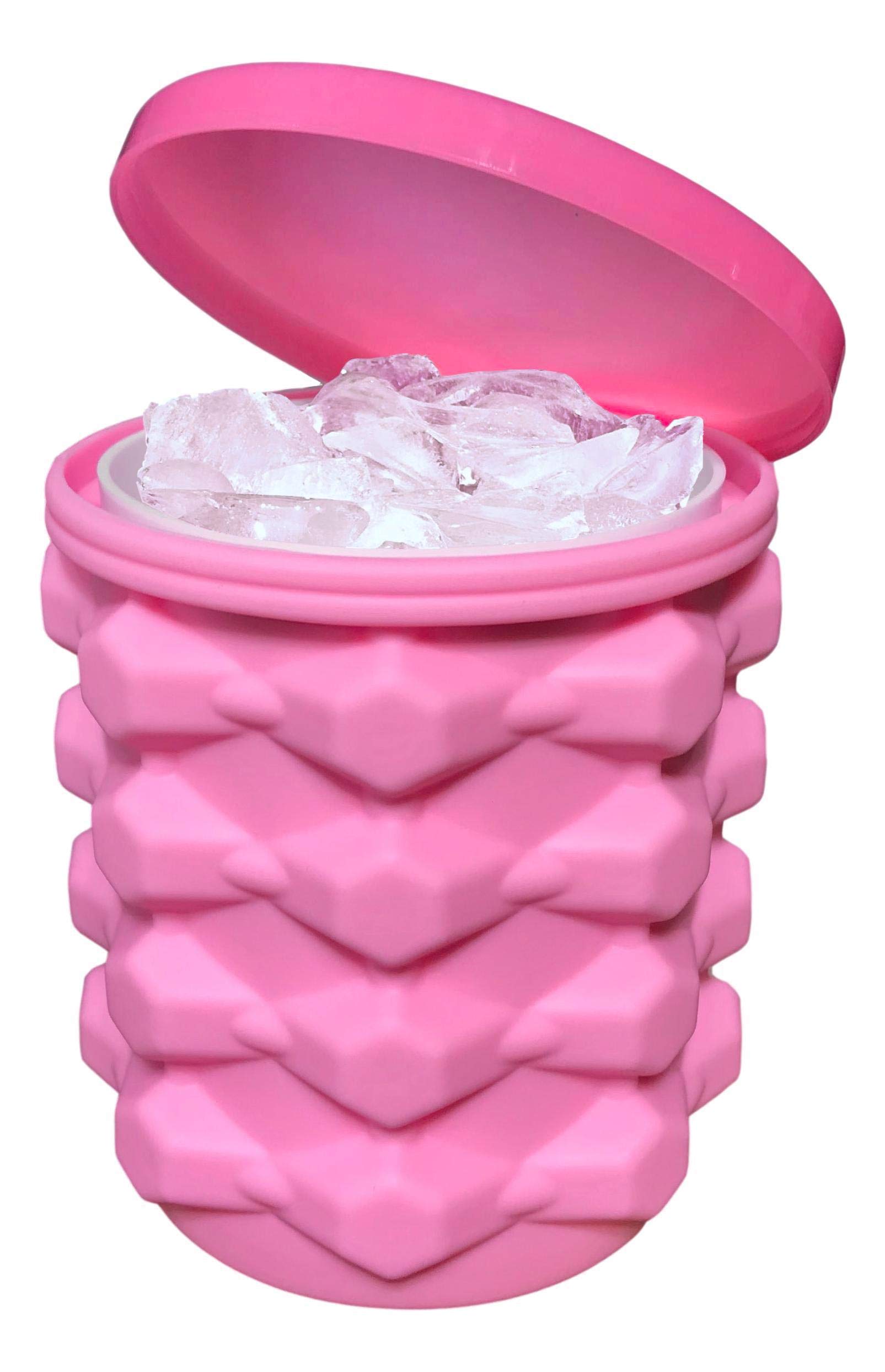 The Ultimate Mini Ice Cube Maker Pink Silicone Bucket Ice Mold and Storage Bin, Portable 2 in 1 Ice Cube Maker, Small Ice Container Makes Frozen Ice Cubes, Craft Ice, Closed Ice Cube Tray, Round
