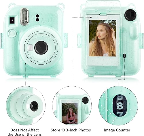 Miniatura 4 de Rieibi Funda transparente compatible con Fuji Instax Mini 12  Funda con purpurina para cámara instantánea Fujifilm Instax Mini 12 con bolsillo