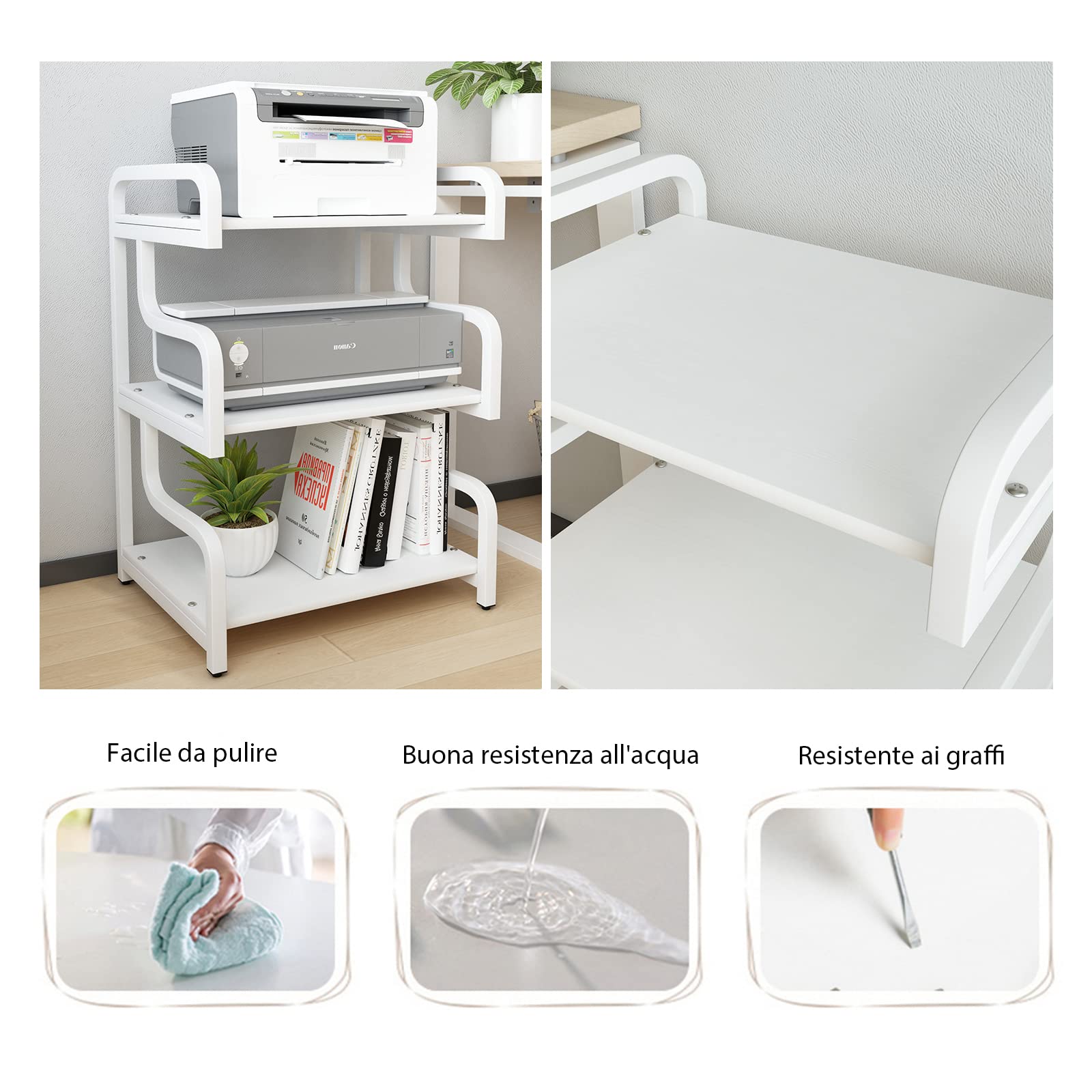 PUNCIA Supporto per Stampante a 3 Livelli Mobile con Magazzino Porta Scaffale per Stampante in Legno Armadio di Stoccaggio per Scanner Fax 55x40x84 CM per Ufficio e Casa (Bianco)