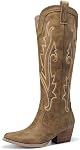 DREAM PAIRS Women's Cowboy Cowgirl Boots Knee High Square Toe Retro Western Embroidery Stitched V Cut Chunky Heel Boots with Side Zipper for Music Festival