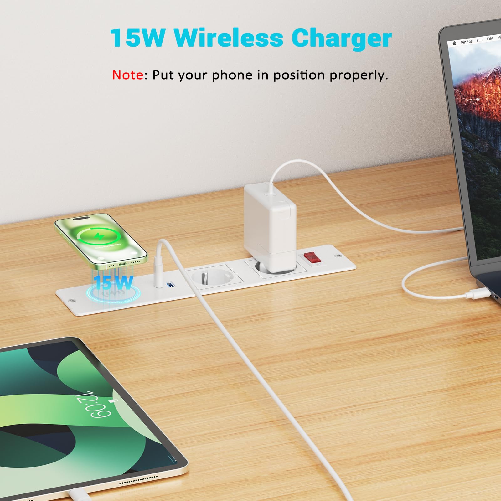 Airmom Ciabatta elettrica da incasso con caricatore wireless da 15 W e interruttore, presa da tavolo da incasso con USB C 20 W e porta USB, colore: bianco