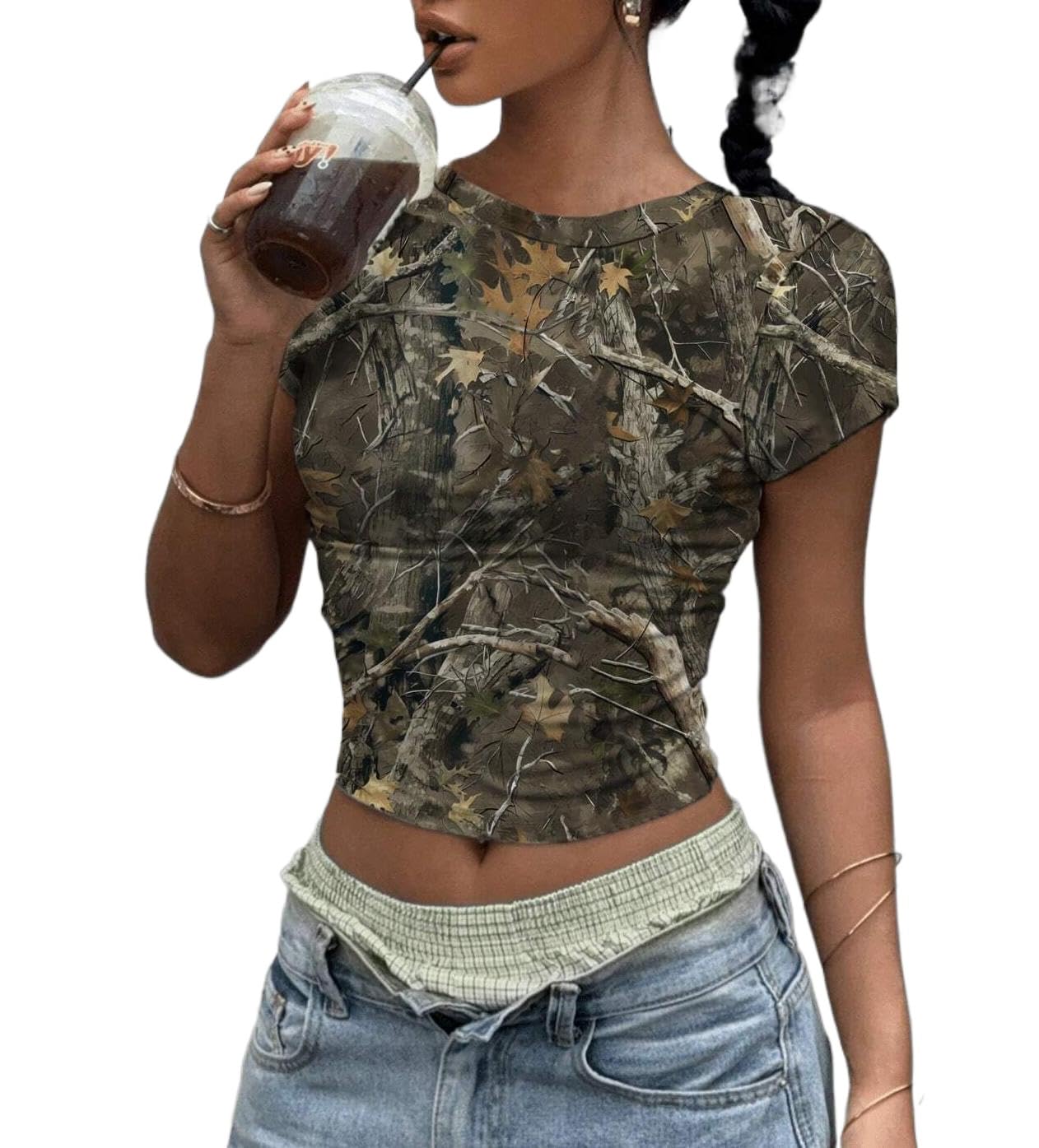 KIGRAG Women Y2k Camo Graphic Fitted Tees Crewneck Crop Tops Leaf Print Short Sleeve Tight T Shirts Grunge Going Out