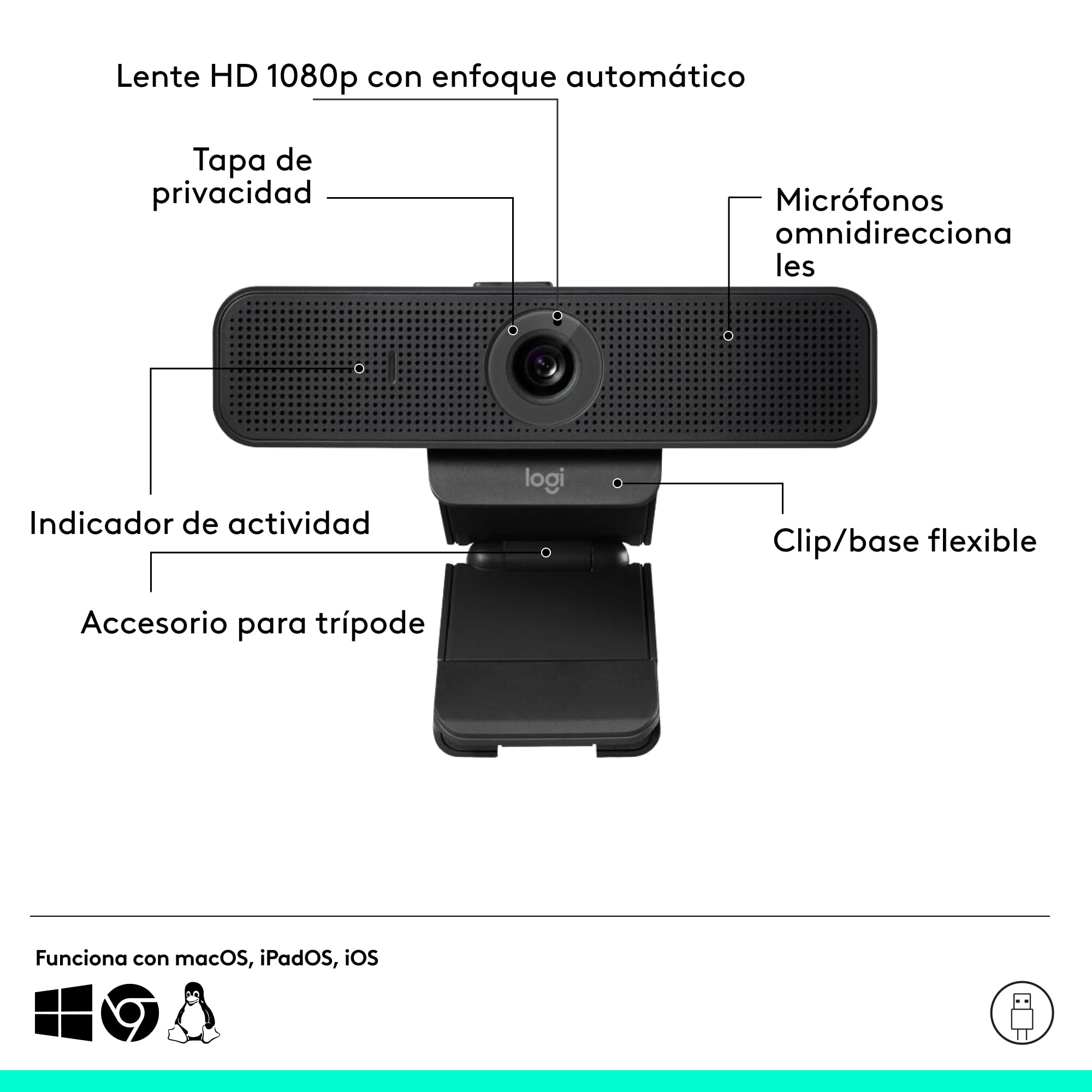 Logitech C925e, Webcam empresarial, Video HD 1080p/30fps, corrección de luz, Enfoque automático, Audio Claro, Obturador de privacidad, para Microsoft Teams, Google Meet, Skype, WebEx, Cisco - Negro