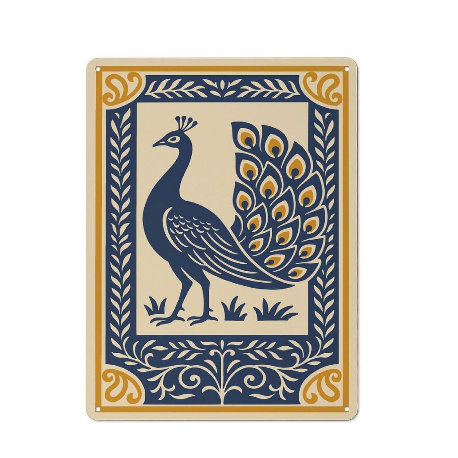 Elegant Peacock Illustration with Decorative Border Urban Metal Wall Decor 40x30cm, Industrial Metal Sign for Flat, Bar, Studio Or Gallery Wall