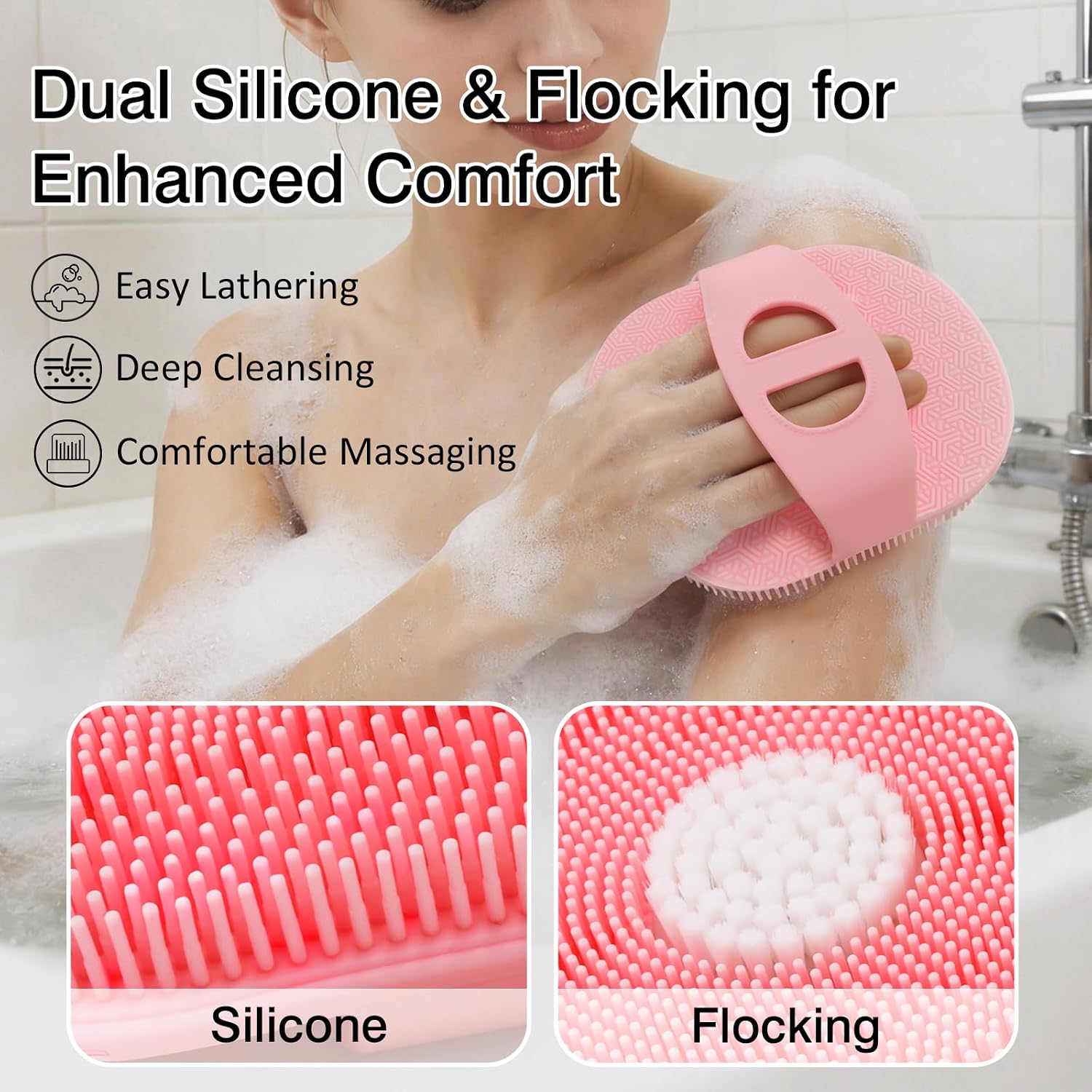Silicone Body Scrubber 1Pack, Dual Flocking & Silicone Body Brush for Exfoliating, Shower Scrubber for Body & Bath, Non-Slip Bath Scrubber,Pink