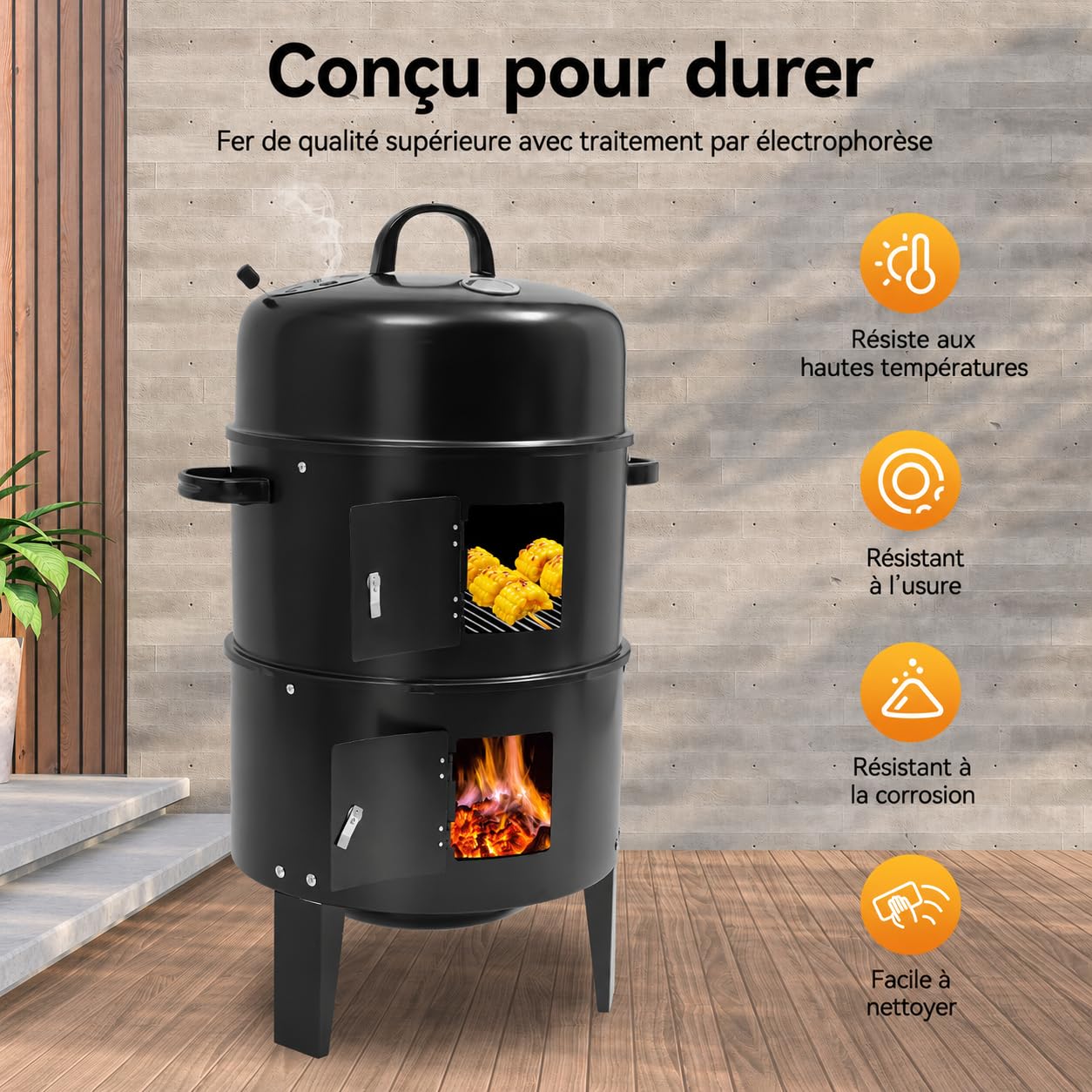 Barbacoa de carbón vegetal barbacoa barbacoa fumador caja 40 x 84 cm horno ahumado cocinar alimentos hierro 2 capas carbón barbacoa barbacoa fumador 3 en 1 barbacoa barril de acero para fiestas, cenas