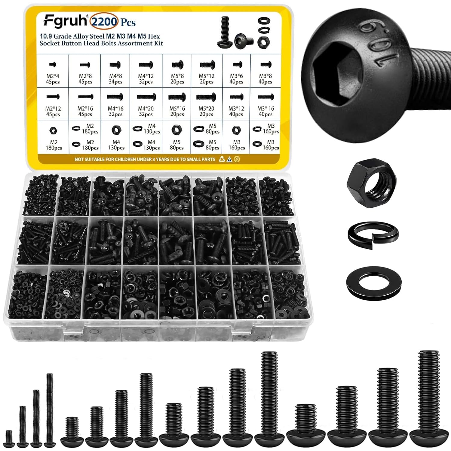 Photo 1 of Fgruh 2200PCS M2 M3 M4 M5 Metric Screws Assortment Kit, Hex Socket Button Head Assorted kit, Machine Screw Set with Nuts & Washers,10.9 Alloy Steel Black Zinc Plated for 3D Printing