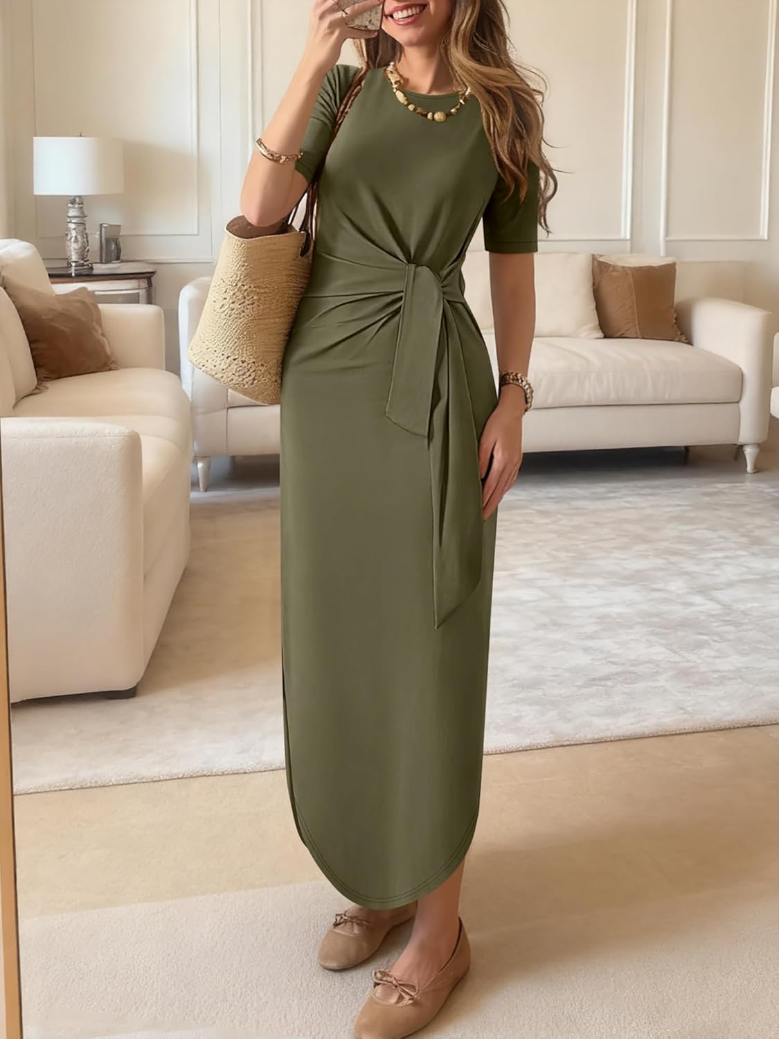 Prinbara Womens Summer Maxi Dress Casual Short Sleeve Tie Waist Split Long Tshirt Dresses 2026 Spring Vacation Cruise Clothes - Image 2