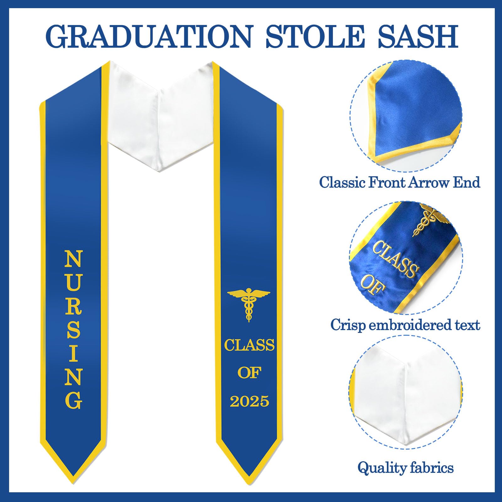 Ramciyo Nursing Graduation Stole - 72'' Class of 2025 Graduation Stole for Nursing School Survivor, Hight School College Graduation, Navy Blue & Gold
