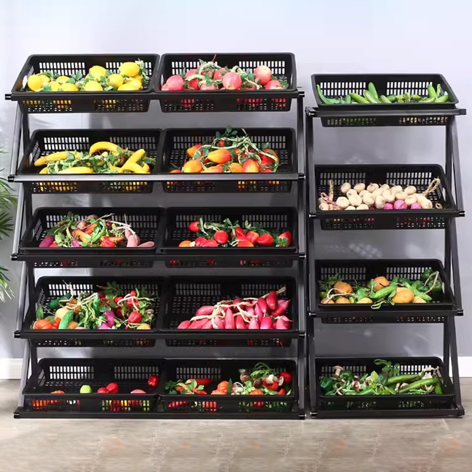 Estante de exhibición de frutas y verduras color negro, organizador de cesta de gran capacidad con almohadilla antideslizante, estante para supermercado de cocina, supermercado minorista