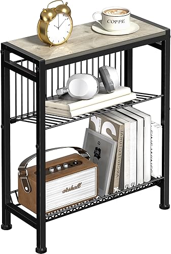 Miniatura 14 de Mesa auxiliar para espacios pequeños, mesa auxiliar estrecha de 3 niveles con soporte para revistas, pequeña mesita de noche, mesa auxiliar delgada