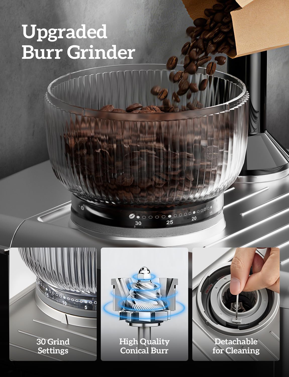 COUPLUX Máquina de café expreso, 4 en 1, máquina de café expreso profesional de 58 mm con amoladora, ajuste de 5 temperaturas y cafetera de café expreso compacta, 15 barras con potente espumador de