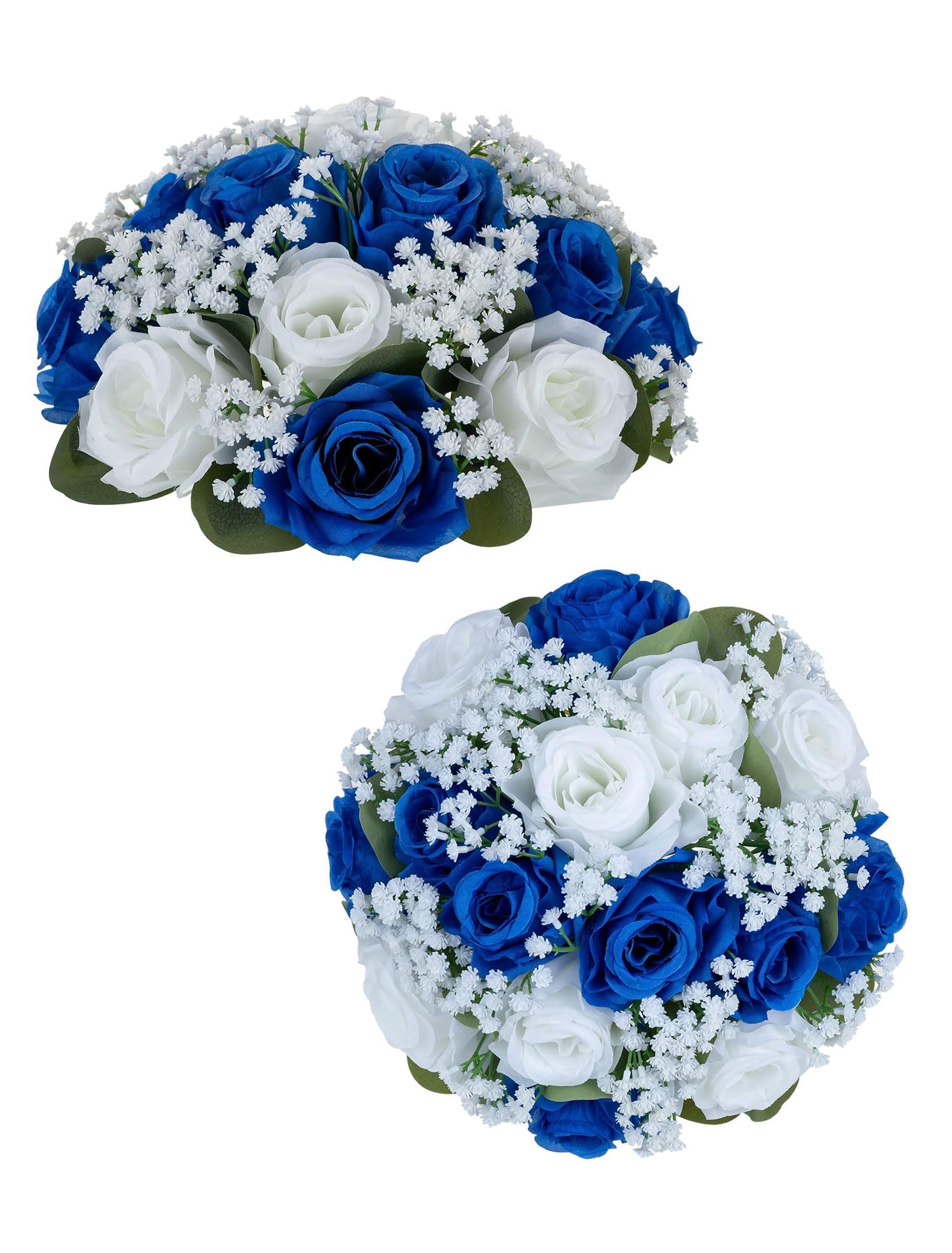 BLOSMON Rose Boule Fleur Artificielle Table 2 Pièces Bleu Roses Fleurs Gypsophiles Bouquet Artificielles pour Decoration Mariage Chemin de Table Fausse Flowers pour Deco Maison Salon Anniversaire