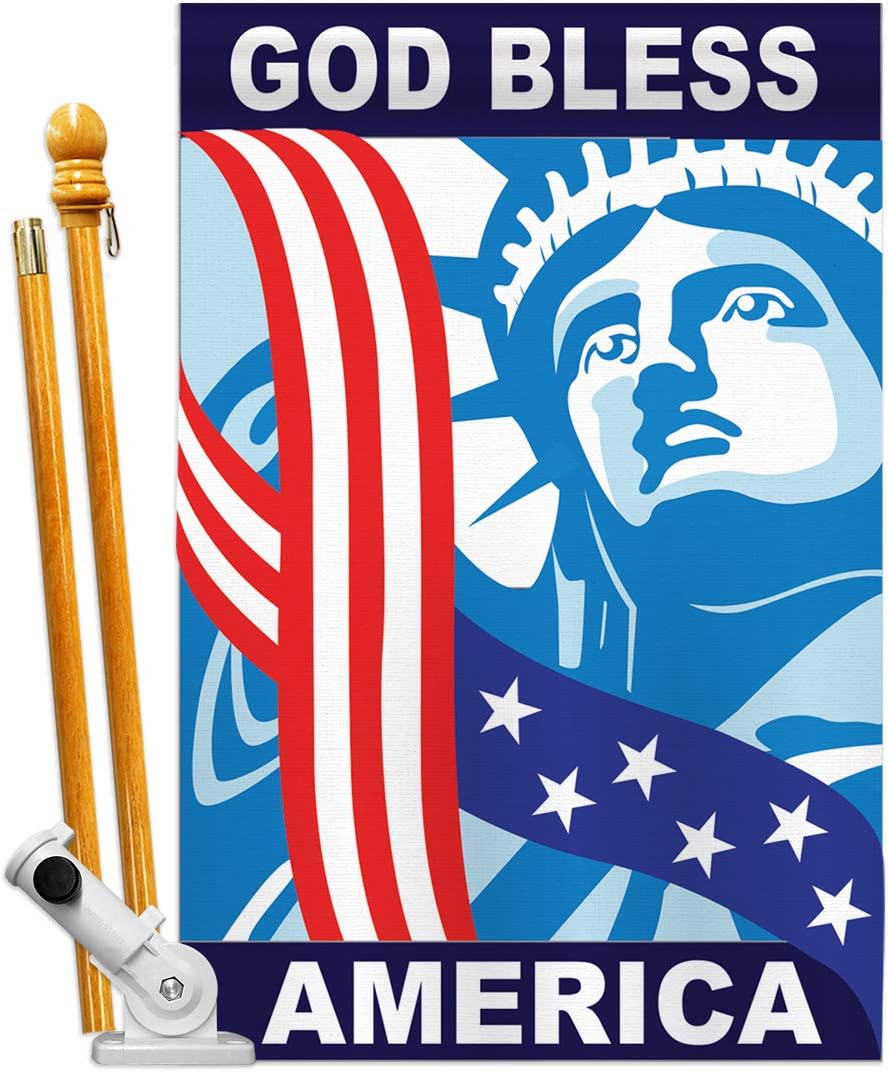 Two Group HS111046-P2 God Bless America Americana Patriotic Applique Decorative Vertical 28" x 44" Double Sided House Flag Set Pole Bracket Hardware