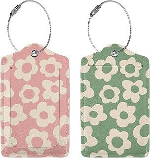 2 Pcs Pink Green Hippie Flower Luggage Tags for Suitcase, Cute Vintage Groovy Flowers Gift for Privacy Cover ID Label with Stainless Steel Loop