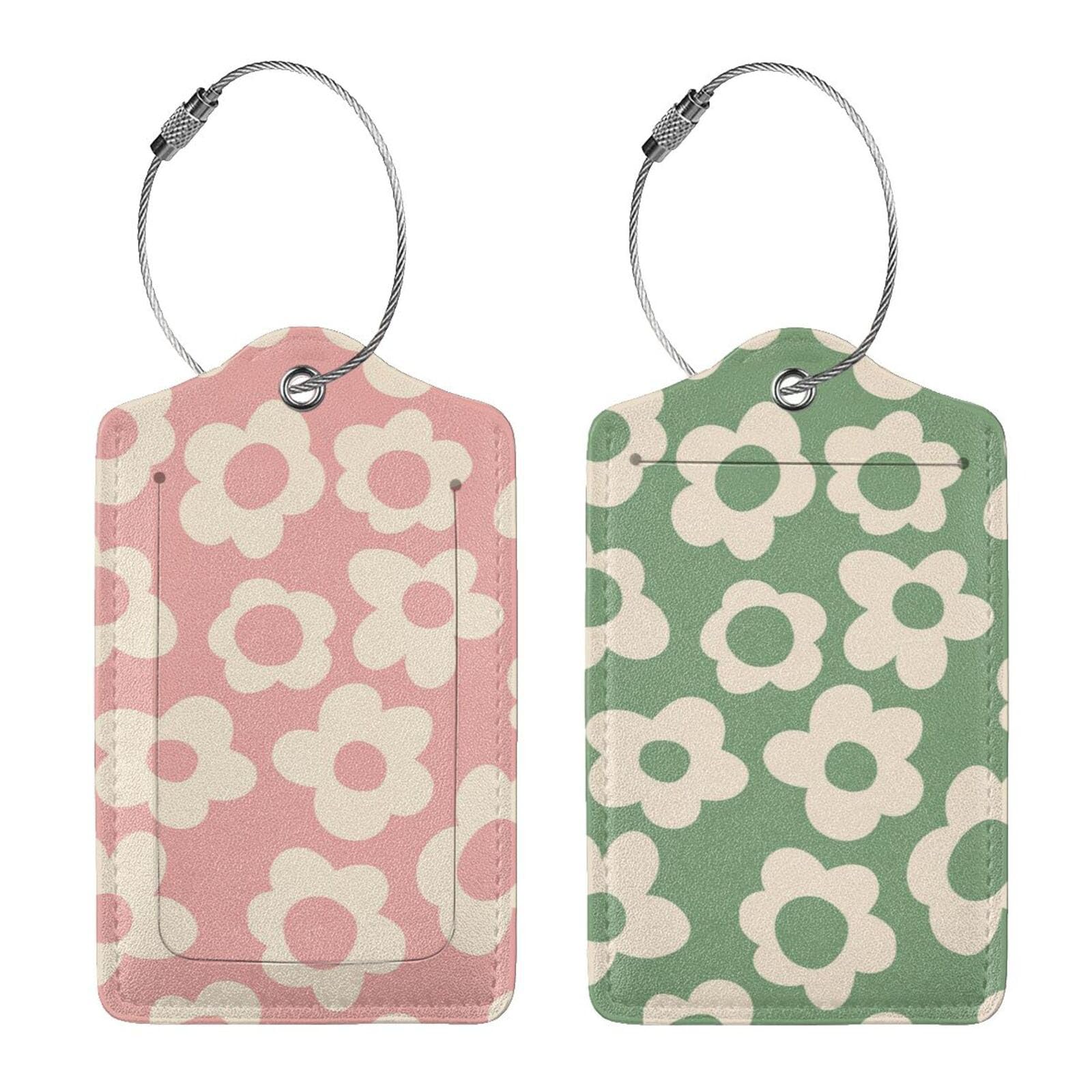 2 Pcs Pink Green Hippie Flower Luggage Tags for Suitcase, Cute Vintage Groovy Flowers Gift for Privacy Cover ID Label with Stainless Steel Loop