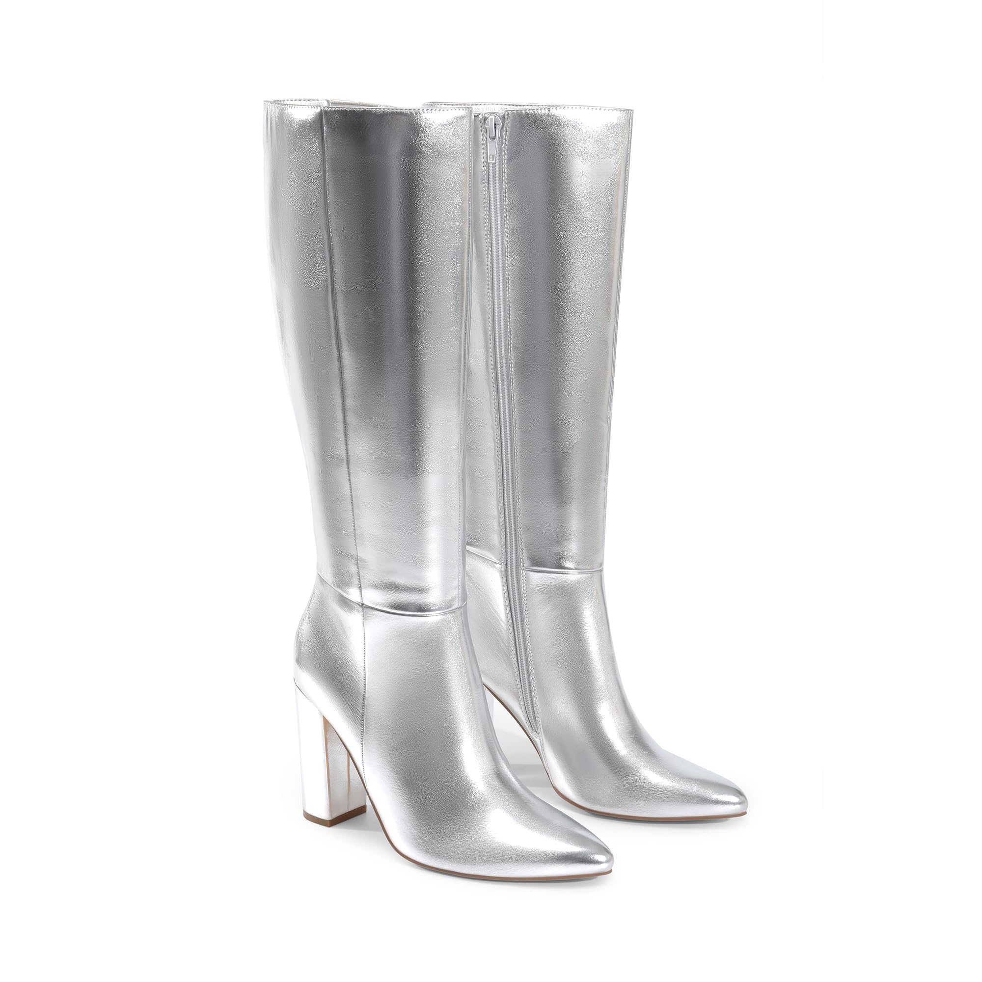 DREAM PAIRS Women's Knee-High Boots Comfortable Chunky Block Heel Side Zipper: 7 Metallic Silver