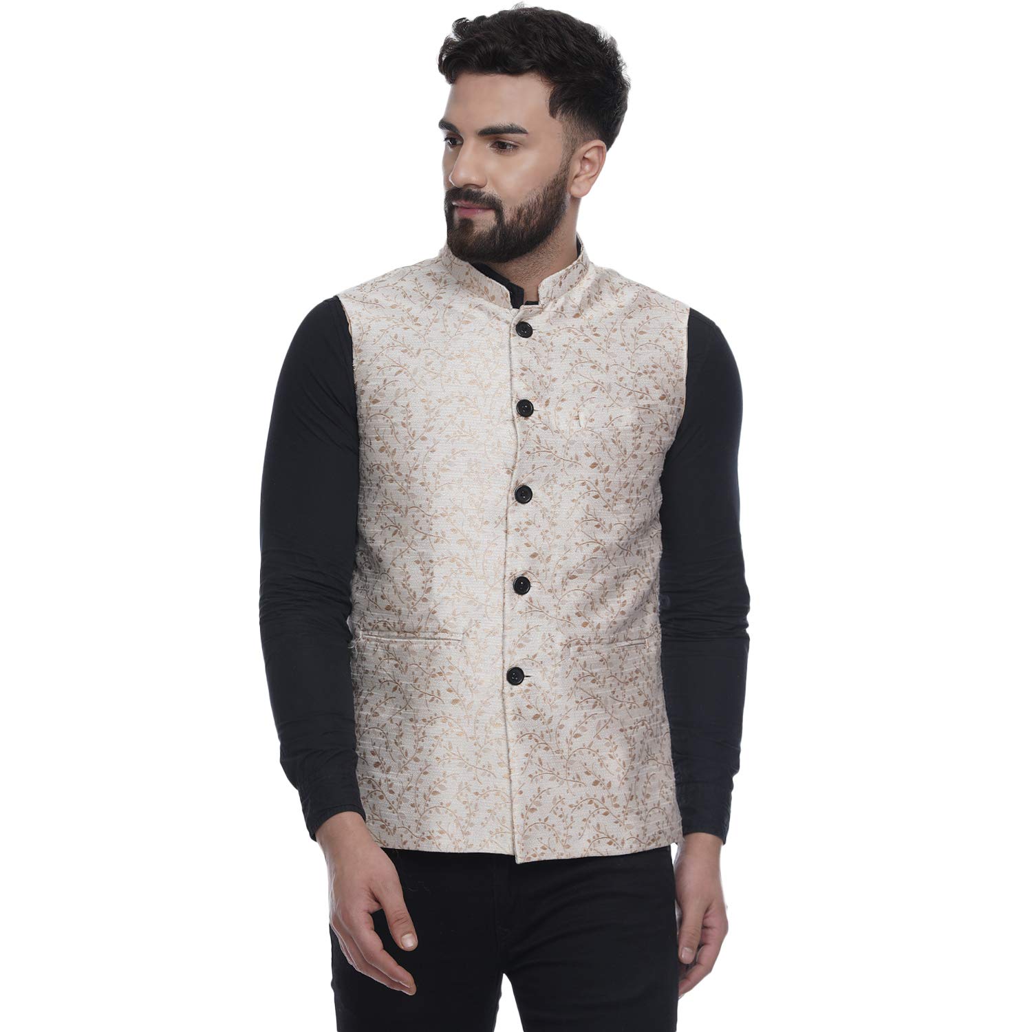 ghanshee Beige Banarasi Printed Nehru Jacket (beige)-picture-38