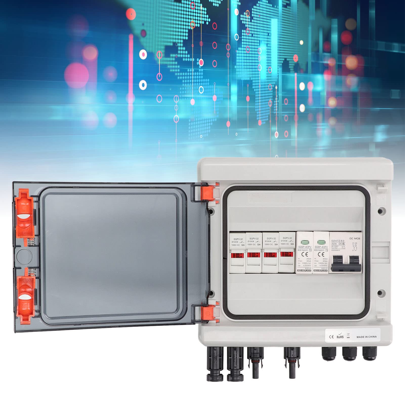 Scatola Combinatrice Solare Fotovoltaica a 4 Stringhe, Scatola di Distribuzione Fotovoltaica PC PA66 DC1000V 15A Fusibile 32A Interruttore, 2 in 2 out Protezione Contro i Fulmini IP65 per