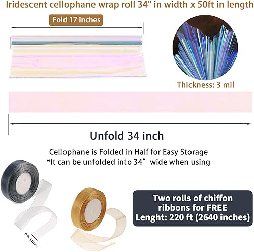 Miniatura 9 de GcFoir Rollo de papel de seda iridiscente de celofán iridiscente de 34 pulgadas x 66 pies con 2 cintas de celofán para cestas de regalo, golosinas,