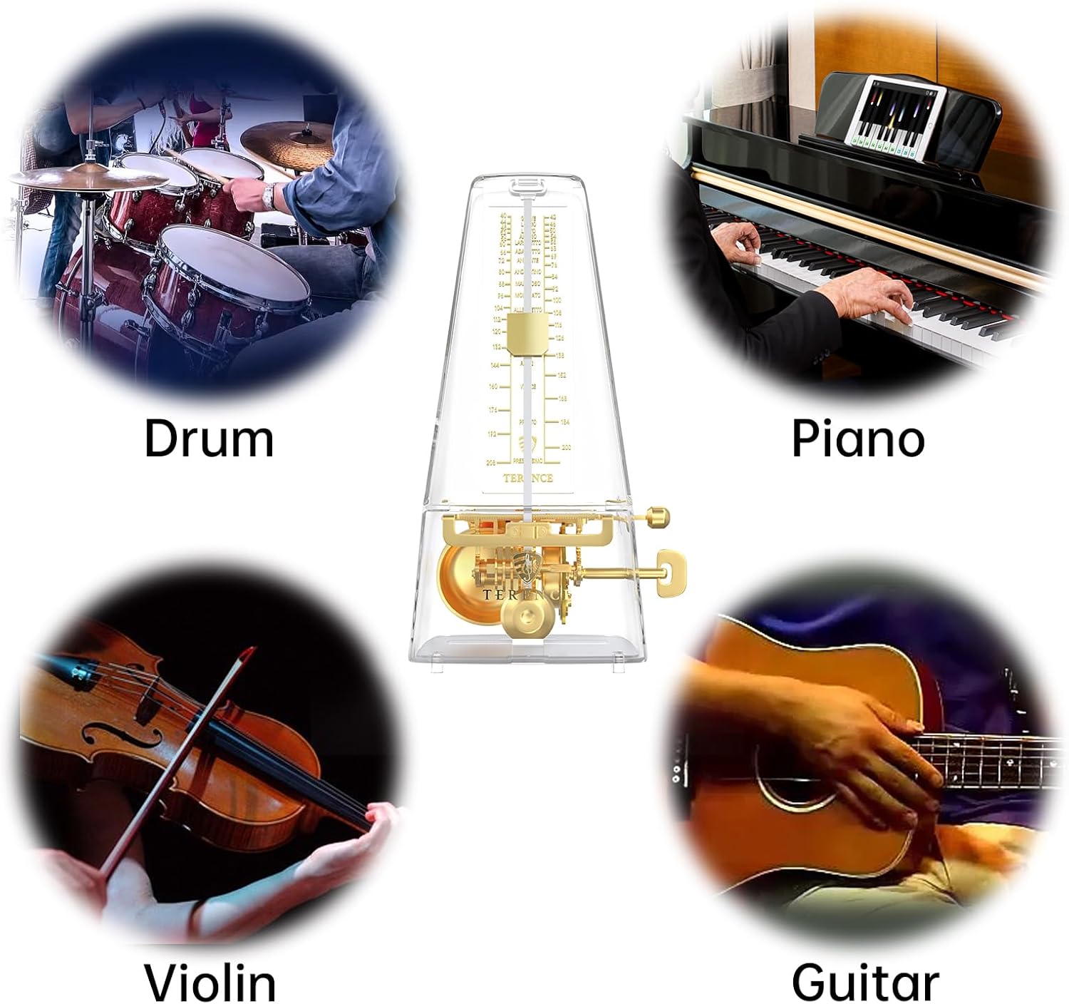 TERENCE Mechanical Metronome for Piano Guitar Violin Bass Drum and Other Musical Instruments Loud Sound,High Precision Track Beat and Tempo,Portable Metronome Gift Teaching for Beginners(Transparent)