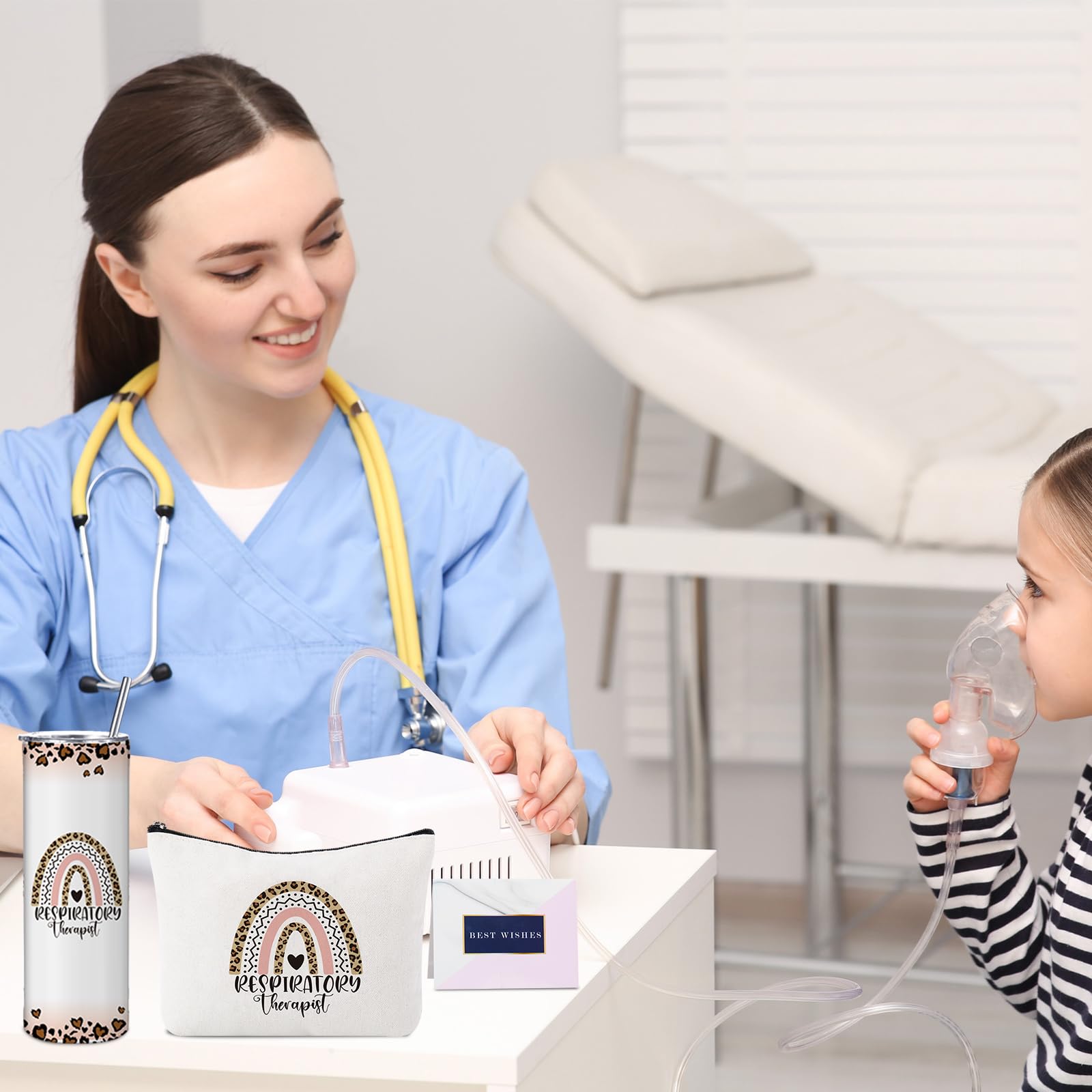 Geiserailie 8 Pcs Respiratory Therapist Appreciation Gifts for Women Including Large Tote Bag Cosmetic Bags Tumbler Cup Plush Socks Metal Keychain Card and Envelope for RRT Thank You Gifts