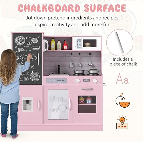 Miniatura 4 de Costzon Juego de cocina para niños, juego de cocina grande de madera con sonidos y luces reales, microondas, pizarra, horno, máquina de hielo,