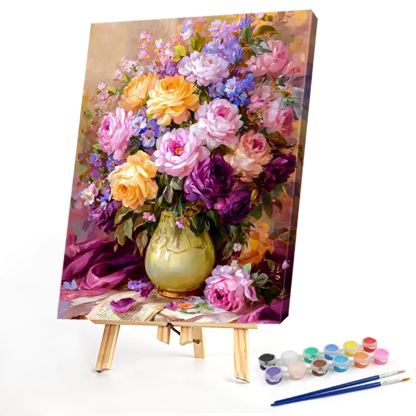 POETRYDRAW DIY Roses Vase Paint By Numbers Kit 11.81x15.74inch Canvas Oil Painting for Beginners & Adults, Frame Not Included, Home Wall Decor, 18Colors, 5ml